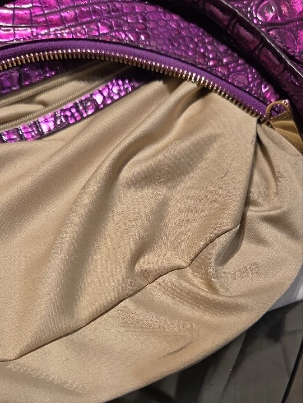 Brahmin Purple Croc-Embossed Large Hobo Bag With Credit Card Holder With Zipper